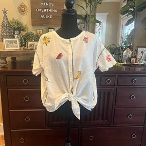 Anthropologie Intropia White Tie Front Blouse with Embroidered Fruit Accents S